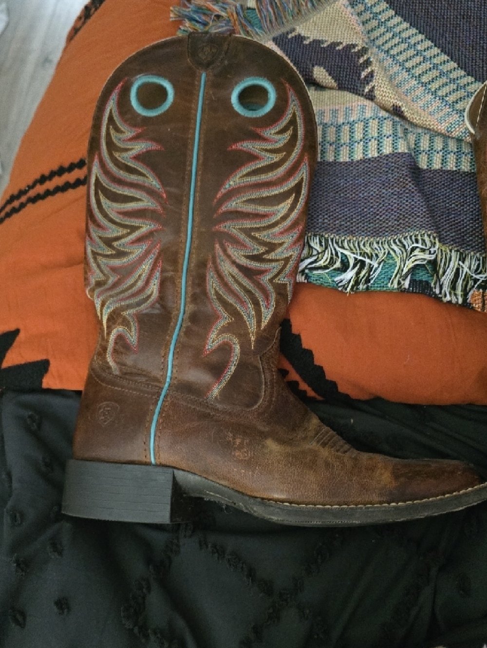 Ariat Brown Leather Boot with Teal Trim - Picture 6 of 9